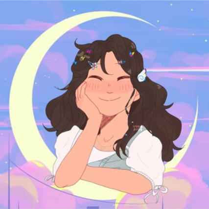 Illustration of a person with long, wavy, brown hair, smiling and leaning over a crescent moon.